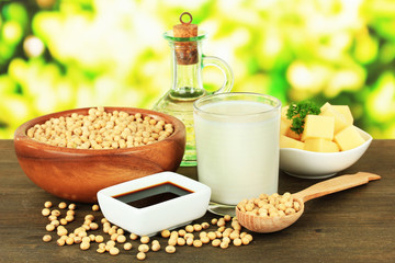 Soy products on table on bright background