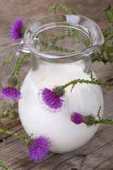organic fresh milk in the jug with thistle flower