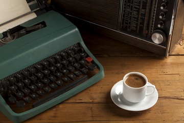 typewriter with turkish coffee and radio