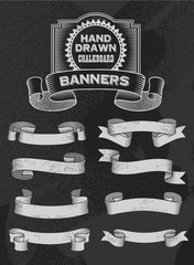 Banner and ribbon set on black background. Vintage retro design - 57803824
