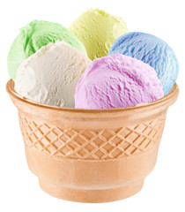 Colorful ice-creams in waffle cup.