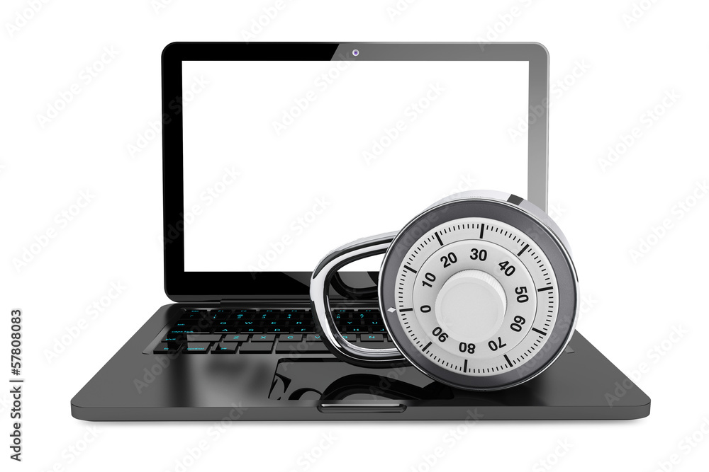 Poster secure concept. laptop computer with pad lock