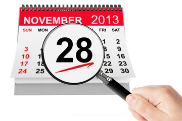 Thanksgiving Day Concept. 28 November 2013 calendar with magnifi