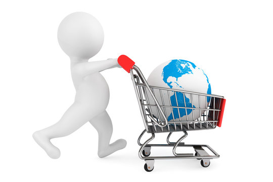 3d person with shopping cart and Earth Globe