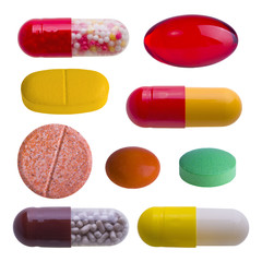 Collection of colorful pills isolated on white