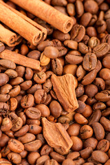 Background of the placers of coffee beans and cinnamon sticks cl