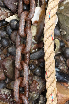 Rusty Chain and Rope on Pebble Beach