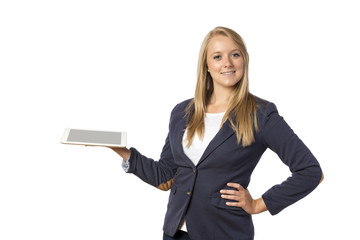 Blond woman with tablet computer