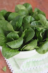 Corn salad in the white bowl on a wooden background