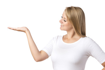 Blond woman presenting