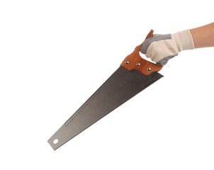 Metal saw in hand.