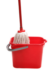 Red bucket with cleaning mop.