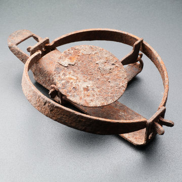 Rusty trap isolated on grey background