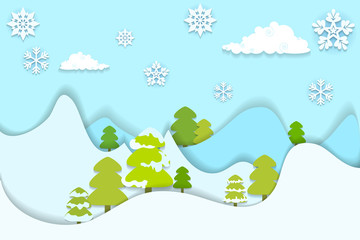vector illustration of snowy pine tree in hilly landscape