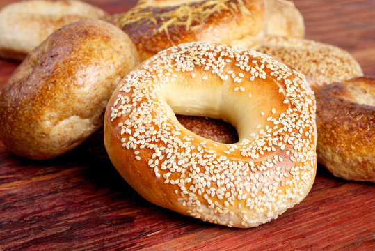 Sesame Bagel On Wood