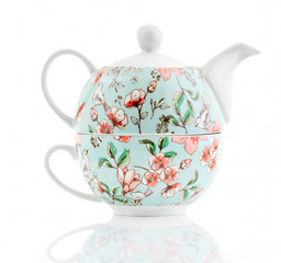 a tea cup and tea pot for one