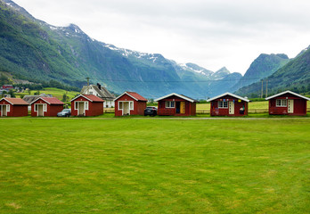 Rural houses in tourist camping in village Olden, Norway.
