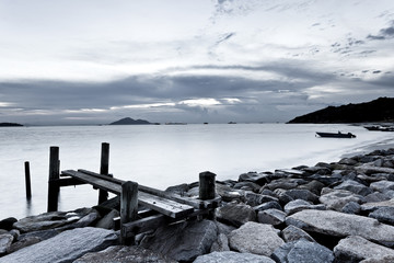 Black and white photography of sky and sea at sunset