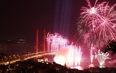 Istanbul Bosphorus Bridge and Fireworks