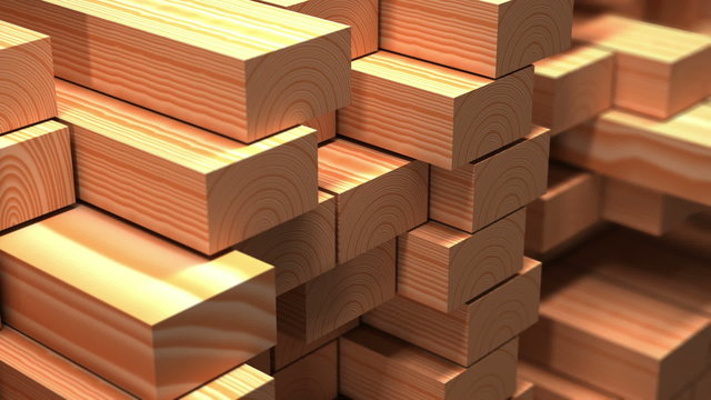 Wood beams in warehouse. 3d animation