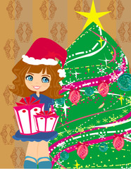 cute girl with gift box near by Christmas Tree