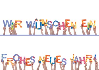 Many Hands Holding Wir Wuenschen Ein Frohes Neues Jahr