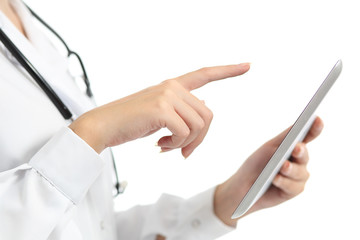 Female doctor hand touching a digital tablet