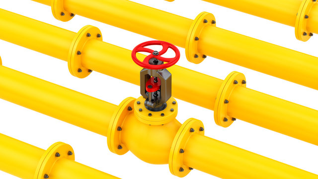 render of yellow pipes with a red valve