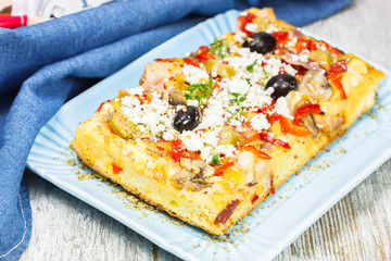 Grilled Mediterranean Greek Pizza. Close up