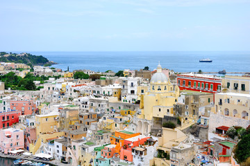 Procida island buildings view in Naples Gulf
