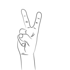 A black and white illustration of a hand in victory sign