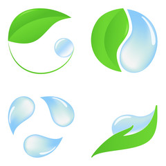 Set of eco icons with green leaves and pure water