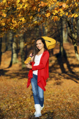 Beautiful brunette guitar player girl in the forest