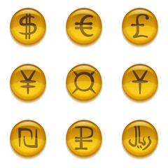 Buttons with currency signs, set