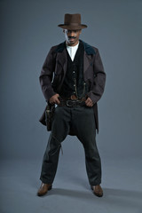 Retro Afro america western cowboy man with mustache. Wearing bro