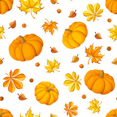 Seamless pattern with pumpkins and autumn leaves. Vector