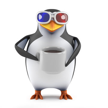 Penguin drinks coffee watching a 3d movie