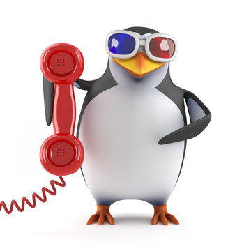 Penguin answers the phone in 3d glasses