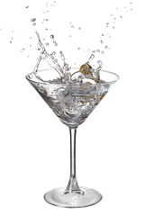 Martini with splash and olive isolated on white