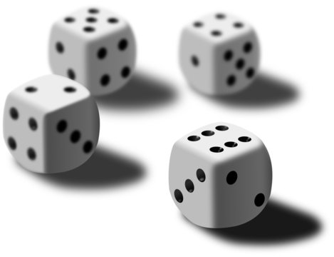 Four white dices at desk with shadows and blur