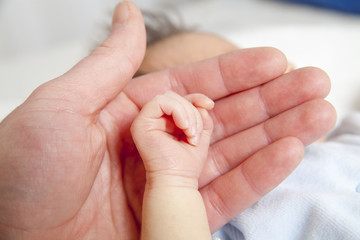 Fototapeta na wymiar hold a hand of the newborn child