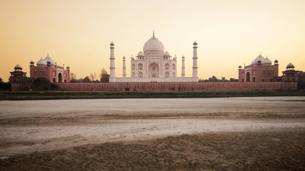 The Taj Mahal at sunset in Agra, India.