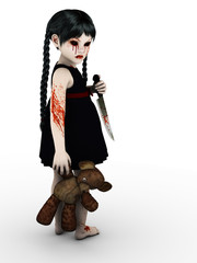 A gothic blood covered small girl with knife.