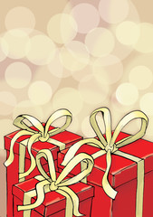 Christmas illustration: A red gift boxes with, ribbo on a light