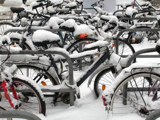 Bicycles covered with snow