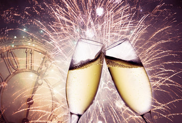 background with champagne glasses and clock