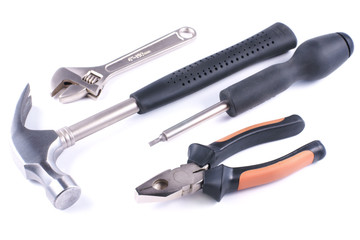 Tools, hammer, pliers, screwdriver and wrench