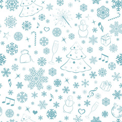 Seamless pattern with turquoise snowflakes and xmas symbols