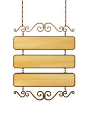Old wooden sign on the chains. Isolated on white