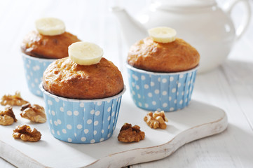Banana muffins in blue paper cupcake case